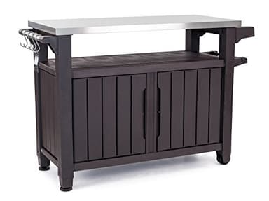 Keter Outdoor Rolling Table Cart for Food Prep, Storage, Bar & Grill, Dark Brown - Portable Kitchen Island Tabletop with Wheels for Drinks, Snacks, and Cooking