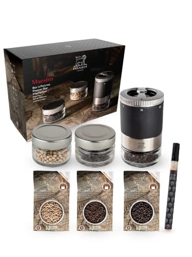 PEUGEOT - Maestro Pepper Bar - 10cm Pepper Mill with U'Select Adjustment - 3 Premium Peppercorns, 3 Interchangeable Empty Vials, Felt - Made in France - PEFC Wood & Stainless Steel - Graphite Color