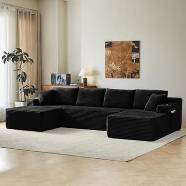 ivoros 134" Cloud Couch Sectional, Modular Sofa with Cup Holder and Storage Pocket, Corduroy U Shaped Boneless Sofas, Couch in a Box, No Assembly Required, Black Couches for Living Room