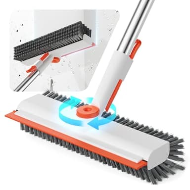 HelpX Floor Scrub Brush with Long Handle, 3 in 1 Scrape and Heavy-Duty Stiff Bristle Floor Scrubber Brush with Squeegee and Tweezer for Cleaning Tile Wall Deck (Orange and White)