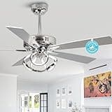 Parrot Uncle Ceiling Fans with Lights and Remote, 52 Inch Silver Chandelier Ceiling Fans for Bedroom, Indoor Outdoor Ceiling Fans Flush Mount, 3 Speeds, Reversible DC Motor, Dimmable LED, ETL