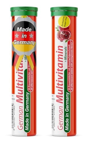 T&D German Multvitamin + Minerals 10 Vitamins 2 Minerals - 40 Vegan Drink Effervescent Tablets - Pomegranate Flavor - Made in Germany