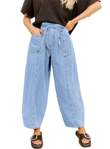 Sidefeel Womens Baggy Wide Leg Jeans Elastic Waist Drawstring Front Seam Ankle High Waisted Barrel Jeans Iceland Blue Size 12