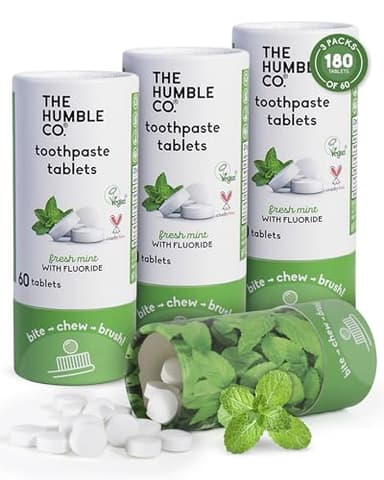 The Humble Co Chewable Toothpaste Tablets with Fluoride, Mint - Bite, Chew, Brush - Zero Water & Plastic Free Toothpaste Tabs - Travel-Friendly & Waste-Free Dental Oral Care Hygiene - 180 Count