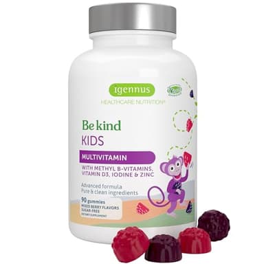 Igennus Methylated Kids Multivitamin Gummies, MTHFR, No Artificial Sweeteners or Flavors, Sugar Free, Age 4+, 90 Natural Berry Flavor Gummies from Fruit Powder, Non-GMO, Halal, Clean Label