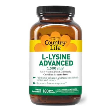 Country Life L-Lysine 1500mg Capsules with Vitamin D & Elderberry – Advanced Immune Support and Collagen Renewal – Certified Gluten-Free & Vegan – 180 Capsules