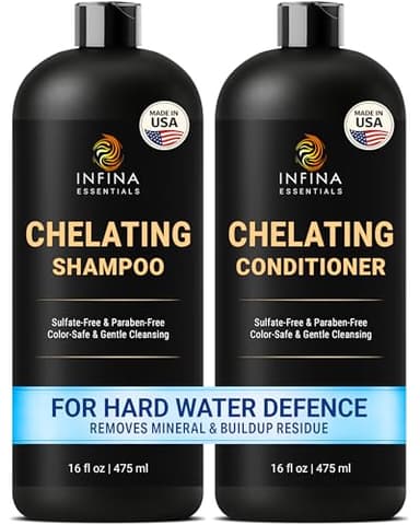 INFINA ESSENTIALS Chelating Hard Water Shampoo and Conditioner Set with Chelactik-3 & Rosemary Oil - Color Safe Metal Detox Shampoo and Conditioner for Mineral Build-Up & Swimmers Hair - 16 fl oz each