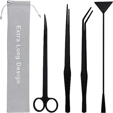 Aquarium Aquascape Tools Kit, Long 15 Inch Stainless Steel Aquatic Plants Tools, 4 in 1 Anti-Rust Black Aquascaping Tweezers Scissors Spatula Scrapers Tool Set for Fish Tank Cleaning Plant Trimming