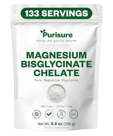 Purisure Magnesium Bisglycinate Chelate, 250g, Pure Magnesium Glycinate Powder for Bones, Magnesium Bisglycinate Chelate for Sleep and Muscle Flexibility, Gluten-Free, Non-GMO, 133 Servings