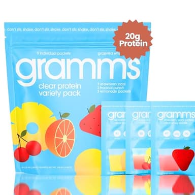 GRAMMS Clear Protein Powder Packets 20G Protein Sample Packets Variety Flavors for Women & Men | Lactose Free, Grass-Fed Whey Isolate, Gluten Free, Zero Sugar, Gut Friendly, Non-Bloating(9 Pack)