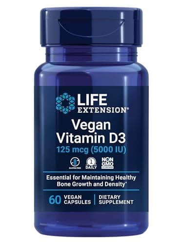 Life Extension Vegan Vitamin D3, 125 mcg (5000 IU), cholecalciferol from Algae, high-Potency Immune, Bone & Whole-Body Health, Gluten-Free, Non-GMO, 1 Daily, Vegan, 60 Vegan Capsules