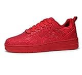 LUCKY STEP Women Fashion Sparkle Rhinestone Sneakers White Leather Low Top Tennis Shoes Lace Up Casual Comfortable Walking Shoe(Red Rhinestone,7B(M) US)