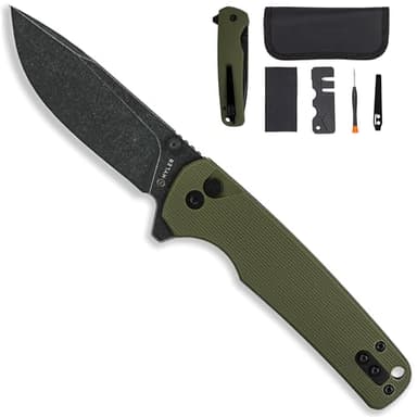 HYLER Mamba Button Lock Folding Pocket Knife - 3.46" 14C28N Black Stonewashed Blade, G10 Handle & Deep Carry Clip - Smooth EDC Pocket Knife for Camping & Outdoor - Green Handle