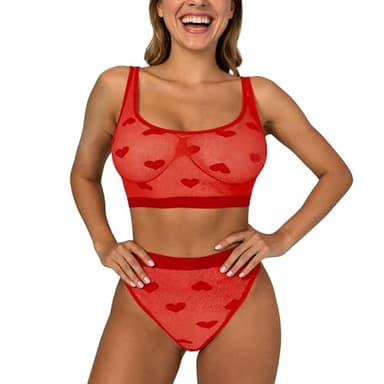 WMZRKY Mesh Bra and Panty Sets for Women, Sheer Sexy Lingerie for Women Heart Embroidered, Red, Onesize 2-8
