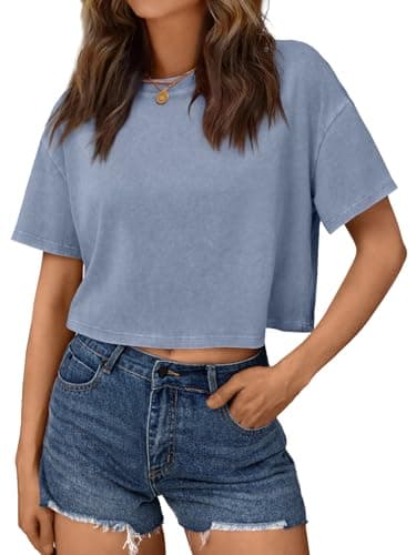 Trendy Queen Womens Crop Tops Short Sleeve T-Shirts Acid Wash Casual Summer Clothes Trendy Comfy 2026 Workout Baggy Soft Tees Blue M