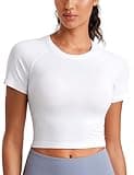 CRZ YOGA Seamless Womens Short Sleeve Crop Tops Breathable Slim Fit Gym Workout Shirts Athletic Running Basic Tee Top White Medium