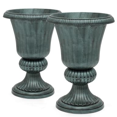 Magshion 20" Urn Planters for Outdoor Plants, Large Decorative Front Porch Planters Set of 2, Weatherproof Tall Plastic Flower Pots for Garden, Patio & Entryway Décor, Antique Green