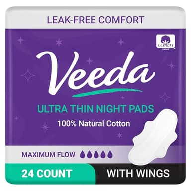 Veeda Natural Cotton Night Pads for Women - Overnight Heavy Flow Absorbent Ultra-Thin Feminine Pad - Hypoallergenic Period Pads with Wings - Unscented & Chlorine Free Sanitary Napkins - 24 Count