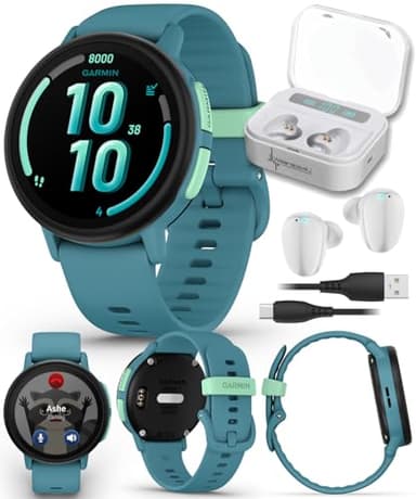 Garmin Bounce 2 Kids Smartwatch with LTE – Two-Way Calling, Text Messaging, Real-Time GPS Tracking, Swim-Friendly AMOLED Display, Music, Turquoise w/Wearable4U White Earbuds Bundle