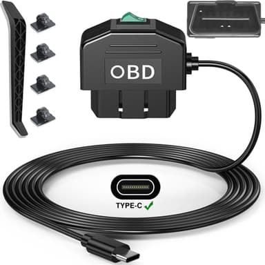 Dash Cam Hardwire Kit OBD, Type C Dash Camera Hardwire Kit USB C with OBD Power Cable for Dashcam 12-24V to 5V/3A with Low Voltage Protection 24h Parking Surveillance/Acc Mode for Dashcam, GPS, Radar