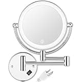 AMZNEVO Wall Mounted Lighted Makeup Mirror with Magnification, 8-inch 1X/10X Wall Mount Magnifying Mirror for Bathroom, Touch Dimmable, 360 Degree Swivel, 2-Sided, Extendable Arm