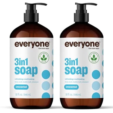 Everyone 3-in-1 Soap, Body Wash, Bubble Bath, Shampoo, 32 Ounce (Pack of 2), Unscented, made for Men and Women