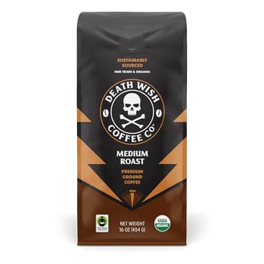 Death Wish Coffee, Organic and Fair Trade Medium Roast Ground Coffee, 16 Ounce (Pack of 1)