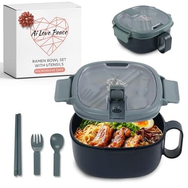 AI LOVE PEACE Microwavable Ramen Bowl Cooker with Lid - Leakproof Noodle Container with Built-In Utensils, BPA-Free, Dishwasher & Freezer Safe [Navy]