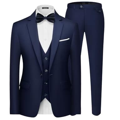 MAGE MALE Men's 3 Pieces Suit Elegant Solid One Button Slim Fit Single Breasted Party Blazer Vest Pants Set. Navy Blue