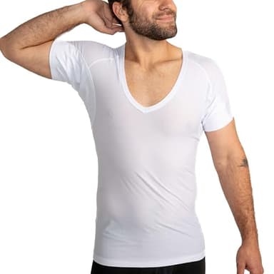 Ejis Men's Sweatproof Undershirt - Ultra Breathable Slim Fit - Deep V Neck - with Sweat Pads - Quick Dry (Small, White)