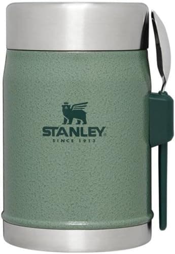 STANLEY Classic Food Jar and Spork 14 oz | Vacuum Insulated Food Container | Wide Mouth Screw On Lid | Packable for Travel | Stainless Steel with Leakproof Lid | BPA-Free | Hammertone Green