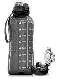 AQUAFIT 64 oz Water Bottle with Time Marker - 2in1 Straw & Chug Lid - BPA Free Big Water Bottle with Straw - Gym Water Bottle with Strap - Water Jug (64 Ounces, Gray)
