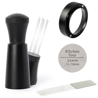 KitchenTour Espresso Accessories Kit 51mm, WDT Tool, Dosing Funnel and Puck Screen Set, 304 Stainless Steel Needle Coffee Distribution Stirrer, Portafilter Dosing Ring for Barista 51 mm
