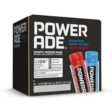 POWERADE Sports Freezer Bars 2 oz, Refreshing Ice Pops with Electrolytes B Vitamins – Naturally Flavored with Other Natural Flavors, Mountain Berry Blast and Fruit Punch, 96 Total Freezer Bars