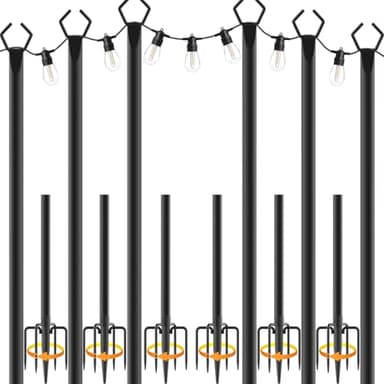 talkhigh 6 Pack 10 ft Heavy Duty Metal String Light Poles Adjustable Outdoor Lighting Stand for Patio,Backyard,Garden,Party & Wedding Rustproof & Sturdy with Hooks