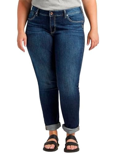 Silver Jeans Co. Women's Plus Size Boyfriend Mid Rise Slim Leg Jeans, Dark Wash SSX365, 18 Plus