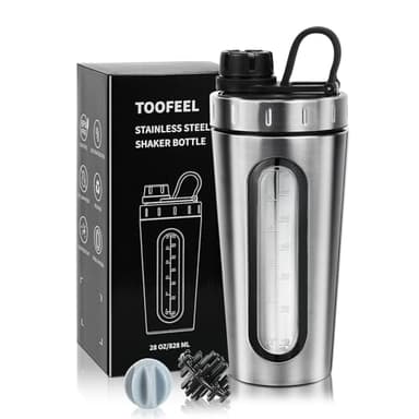 TOOFEEL Shaker Bottles for Protein Mixes 28 oz Stainless Steel Protein Shaker with 2 Mixing Ball, Not Stays Cold/Hot, Visible Window Metal Shaker Cups, Leakproof, BPA Free Bottle Shaker