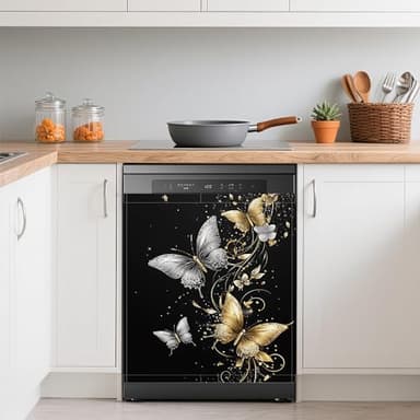 Dishwasher Magnets Decorative Cover,Gold Silver Butterfly Refrigerator Magnet Cover,Washable Modern Dishwasher Front Panel Cover Home Kitchen Decoration 23x26 Inch