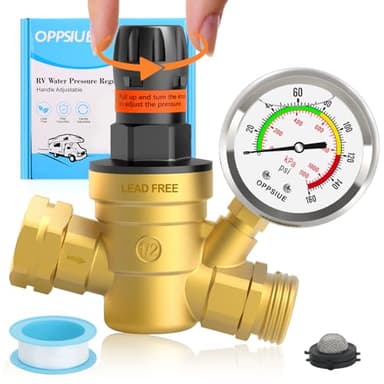 RV Water Pressure Regulator with Colorful Gauge, Hand Adjustable Knob,Brass Lead-Free Water Pressure Reducer with Inlet Screen Filter,for RV Camper Travel Trailer Water Hose,Suitable for NH Thread