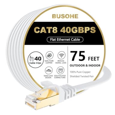 BUSOHE Cat 8 Ethernet Cable 75 FT, 40Gbps 2000Mhz High Speed Flat Cat8 Cable Patch Cord with Gold-Plated RJ45 Connector, LAN Network Internet Cable with 40 Clips for Router/Gaming/Computer, S/FTP
