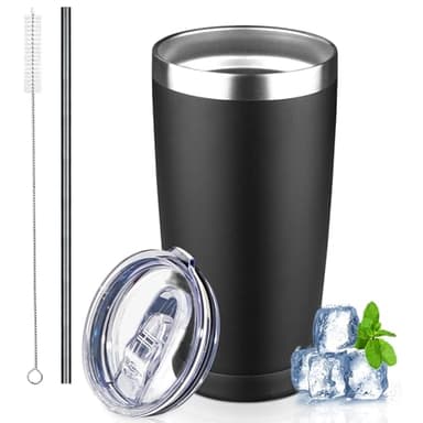 GUDEMAO 20 oz Tumbler with Lids and Straws, Stainless Steel Insulated Coffee Tumbler, Double Wall Vacuum Insulated Travel Mug Cup, Leakproof Thermal Coffee Cup for Hot and Cold Drinks (black)