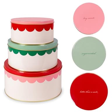 kate spade new york Decorative Metal Tins with Lids, Vintage Inspired 3 Piece Nesting Set, Small Medium & Large Cookie Containers, Perfect for Gift Giving and Parties (Hey Sweets)