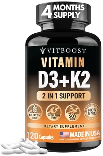 VITBOOST Vitamin D3 K2 Complex - Easy to Swallow - Vitamin D (D3) 5000 IU (125 mcg) & K2(MK-7) 90 mcg | Non-GMO | Gluten-Free | USA Made | 120 Capsules