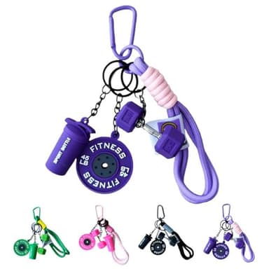 Eagyrosi Bottle and Dumbbell Keychain with Weight Plate - Adorable Gym Accessories, Unisex Bag Charms in Vibrant Colors (Purple)