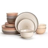 Sweese Plates and Bowls Sets, 18 Piece Dinnerware Set Porcelain Round Dinner Set for 6, Scratch Resistant Dishes Set, Dishwasher and Oven Microwave Safe Handpainted Swirl Dishware Sets, Neutral