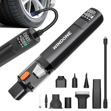 Windone Car Vacuum, 12000Pa 2-in-1 Cleaner & Tire Inflator 150PSI, 60W Brushless Motor, Cordless Handheld Vacuum & Air Pump with Pressure Gauge, LED Light, Multi-Nozzles for Car, Home, Office