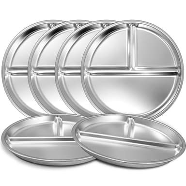 EWFEN Stainless Steel Toddler Plate Set of 6, 9" Portion Control Plates Divided Plate for Adults Kids Balance Lunch, Non Slip | Unbreakable Toddler Baby Feeding Set Dishwasher Safe