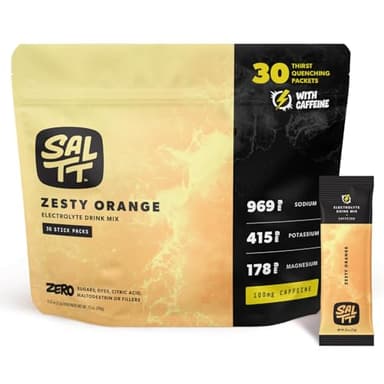 SALTT Electrolytes Powder Flavored Drink Mix - Zesty Orange - 30 Hydration Packets - Magnesium, Potassium, Sodium, Trace Minerals - Zero Sugar & Gluten Free - Travel Essentials - 100mg Caffeine