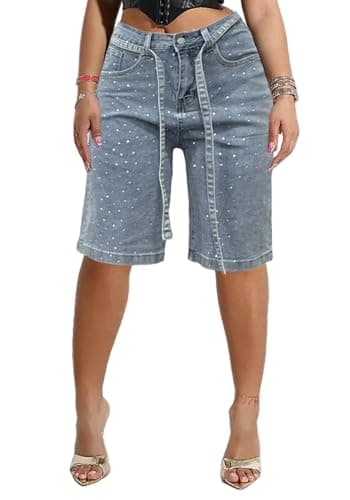 pnahip Women's Rhinestone Denim Shorts Casual Stretchy High Waisted Bermuda Jean Shorts with Belt Y2K Streetwear, Light Blue, XL