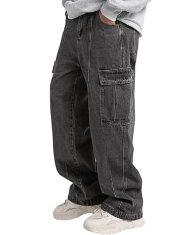 Mens Baggy Jeans for Men Women Y2k Skater Vintage Plain Pants Multiple Pockets Casual Wide Leg Loose Fit Cargo Denim Jeans Light Grey